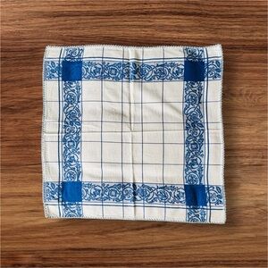 Never Used Handmade Crochet Edges Blue and White Patterned Linen Tablecloth